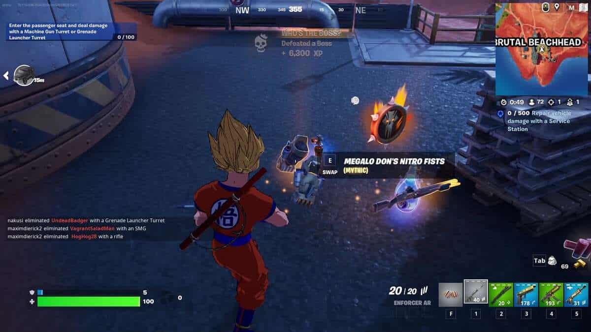 Fortnite Megalo Don: A player standing in front of a pile of items, inspecting Nitro Fists.