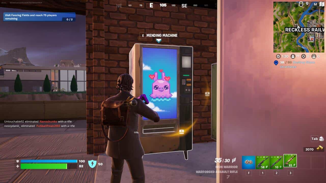 Fortnite Mending Machines: A player with an Alan Wake skin standing in front of a Mending Machine in Fortnite.