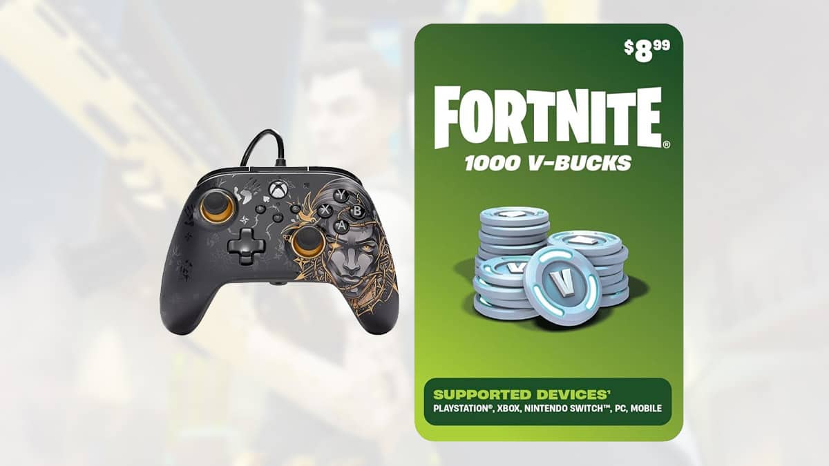 A fortnite game controller with coins and fan-favorite characters on it.