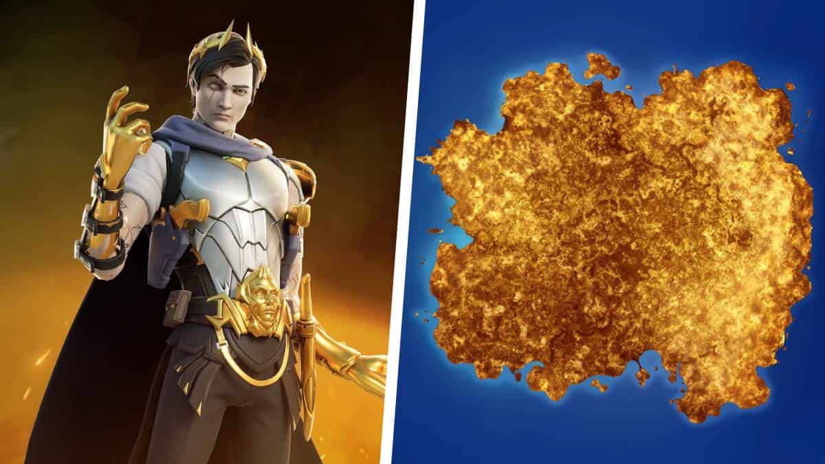 A digital artwork of an armored fantasy character on the left and a textured golden blot representing the map changes on a blue background on the right.