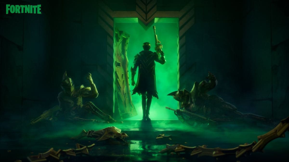 A character standing confidently at the entrance of an illuminated green portal with figures crouched at their feet, showcasing Fortnite: How to unlock Ascendant Midas for free.