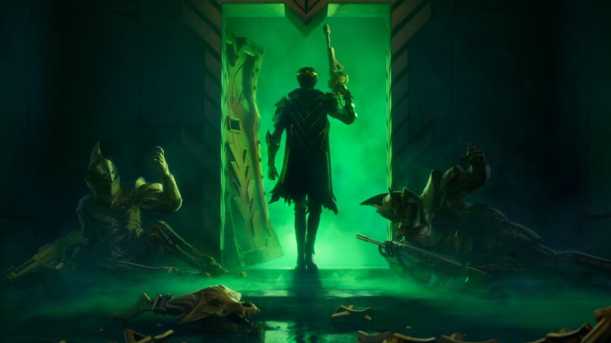 A silhouetted figure stands triumphantly at an open doorway, staff in hand, in a room with defeated foes on the ground, illuminated by a mysterious green light from the latest Fortnite early patch