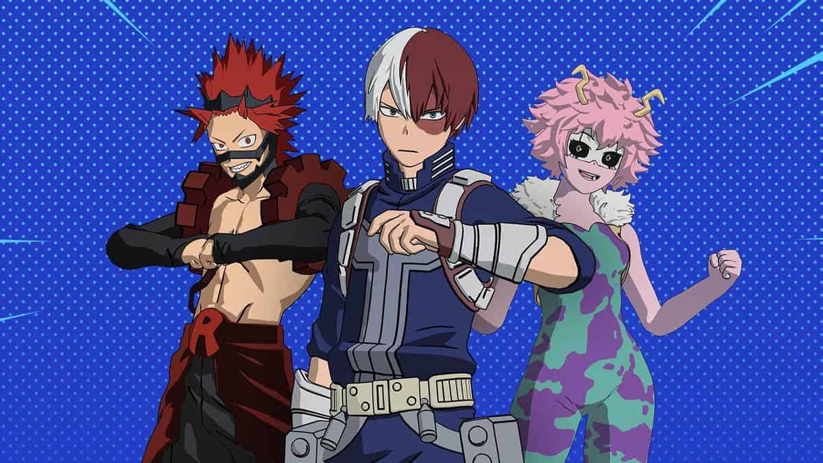 Three anime characters standing in front of a blue background, inspired by My Hero Academia.