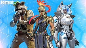 A group of characters standing in front of a blue background, just like in fortnite.