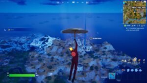 A player parachuting at night over a snowy landscape with the new Fortnite umbrella in Chapter 5 Season 2 in Fortnite.