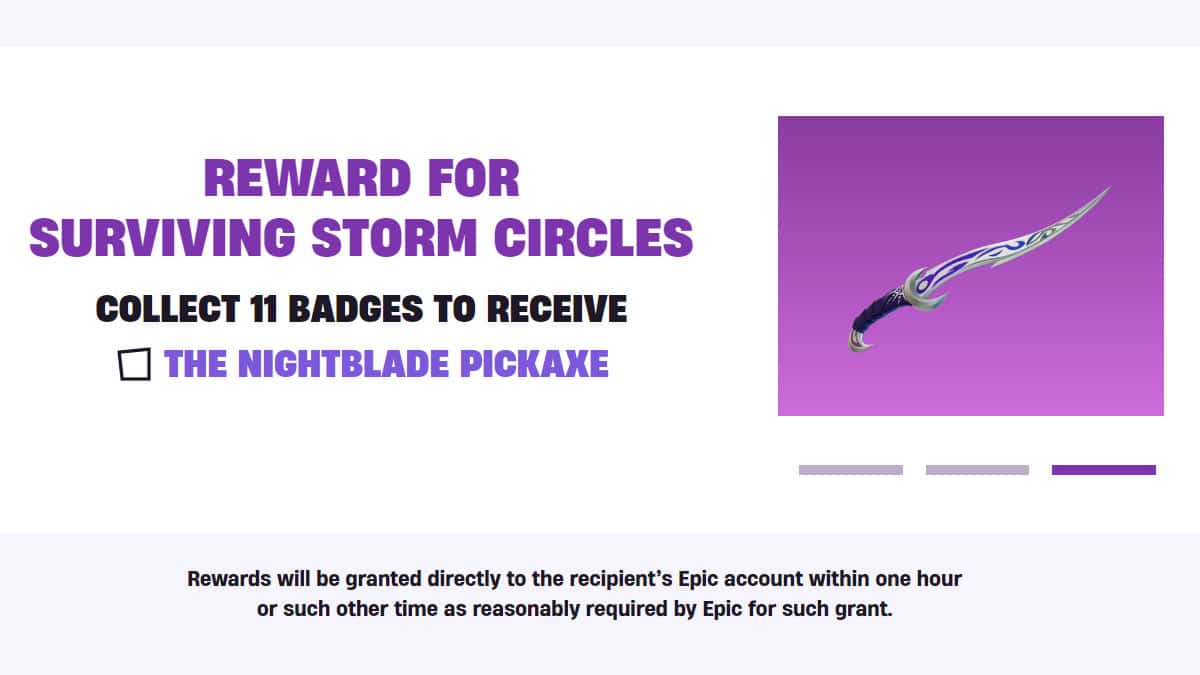 Promotional graphic for a reward called "Nightblade Pickaxe," earned by collecting 11 badges for surviving storm circles in a Fortnite video game event.