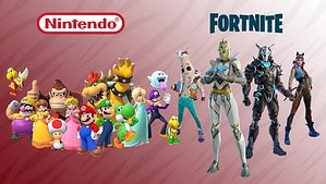 Nintendo and Fortnite characters standing side by side; Mario and friends on the left, Fortnite characters on the right, against a dual-colored background.