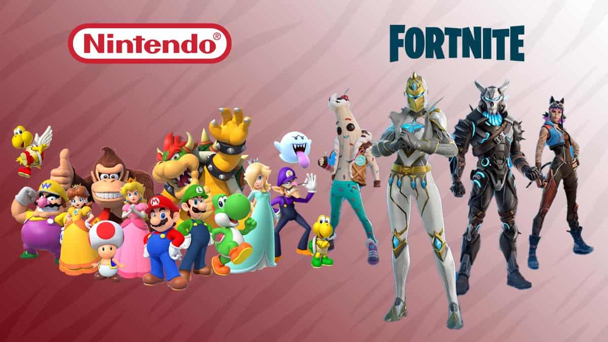Nintendo and Fortnite characters standing side by side; Mario and friends on the left, Fortnite characters on the right, against a dual-colored background.