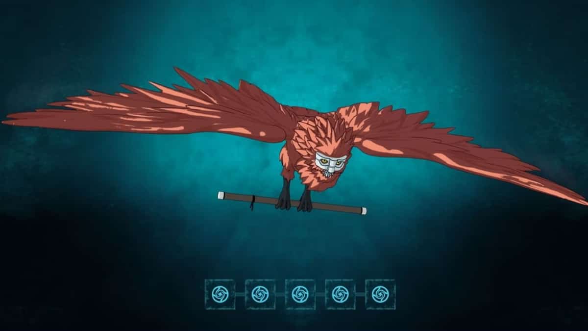 A flying red bird holds a sword in its beak.