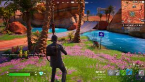 Fortnite Oasis Pools locations: A player standing in front of an Oasis Pool in Fortnite.