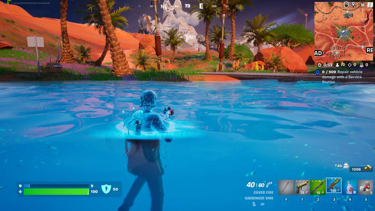 Fortnite Oasis Pools: A player floating in an Oasis Pool recovering shields.