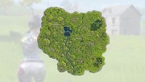 A map of a green land in the fantasy game, Fortnite.