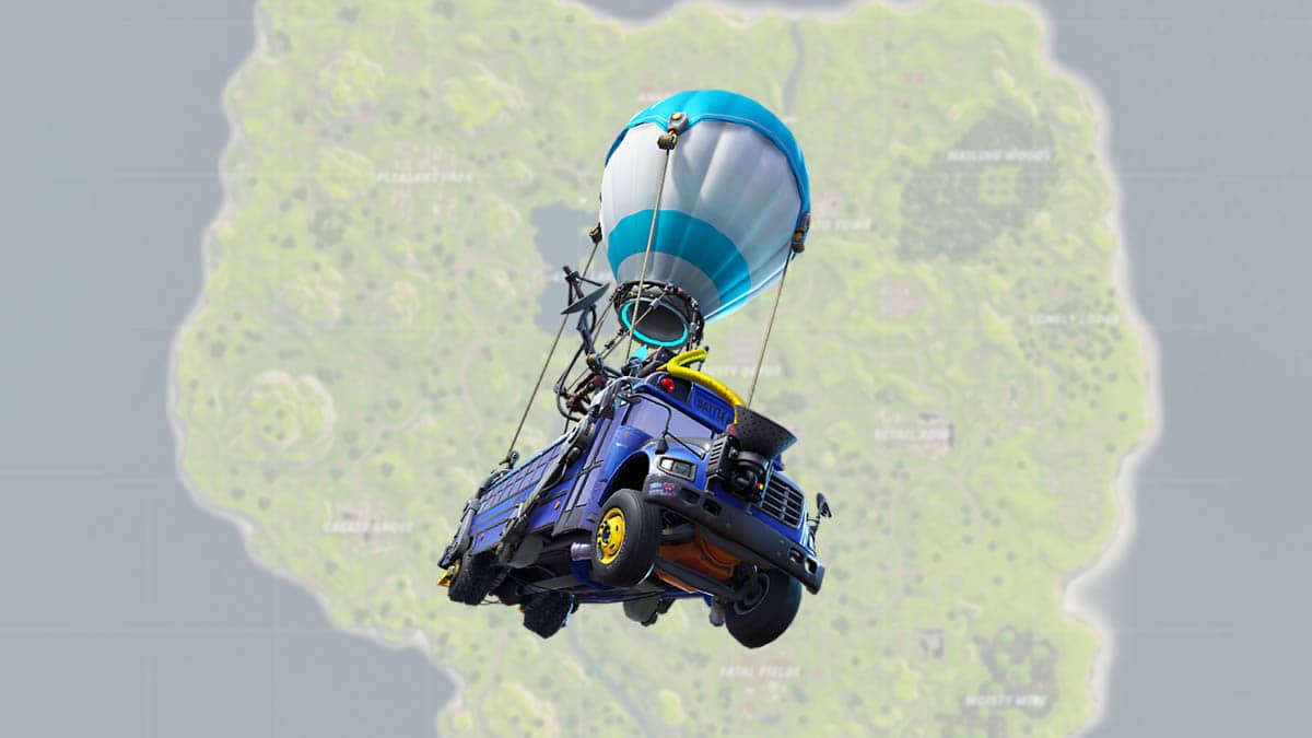 A digital image of a blue hot air balloon lifting a modified off-road vehicle over the Fortnite OG map background.