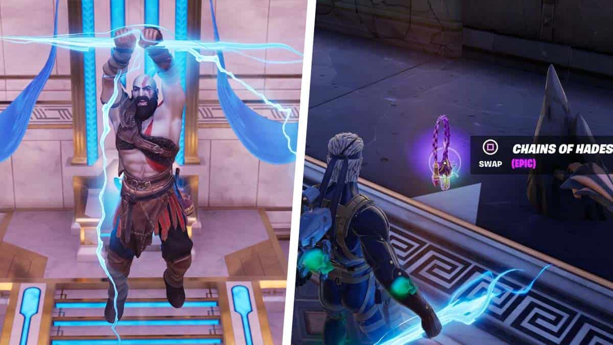 Split-image of a video game: left shows a character wielding blue glowing chains, jumping in an ornate temple; right depicts a character observing a glowing purple weapon titled "chains of hades," near