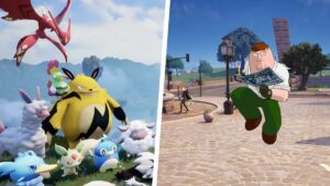 Two pictures of a man and a woman enjoying the immersive world of Palworld, a popular Pokemon game.