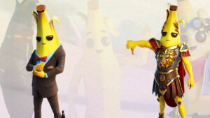 Fortnite Peely skins ranked: The Agent Peely and Potassius Peels skin from Fortnite on a white background.