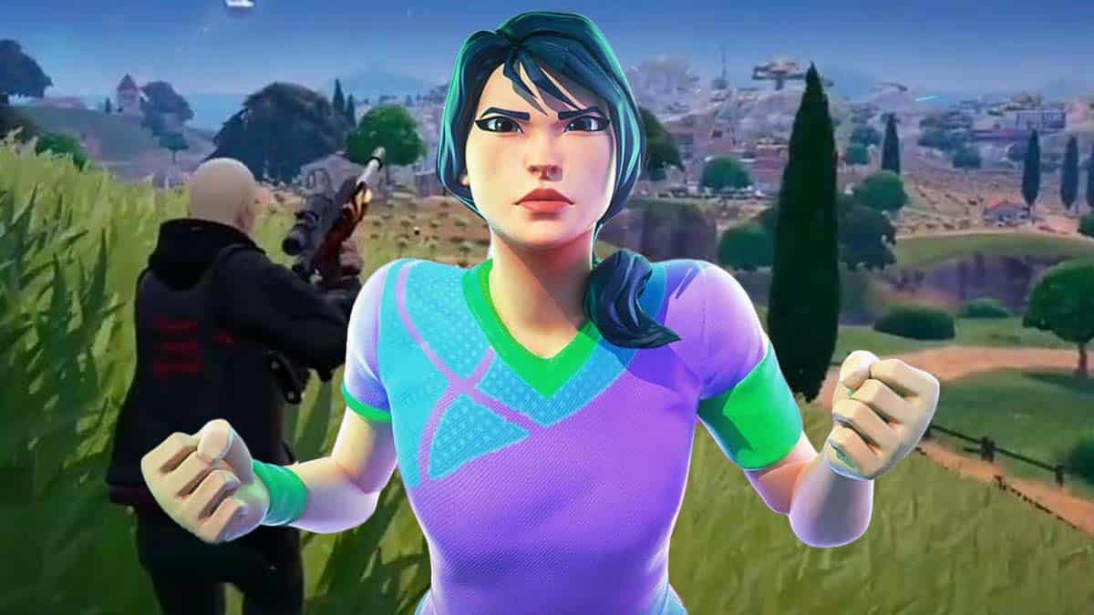 A digital image of a female avatar from Fortnite with a determined expression, wearing a teal and purple outfit, standing in a grassy terrain with blurred figures in the background.