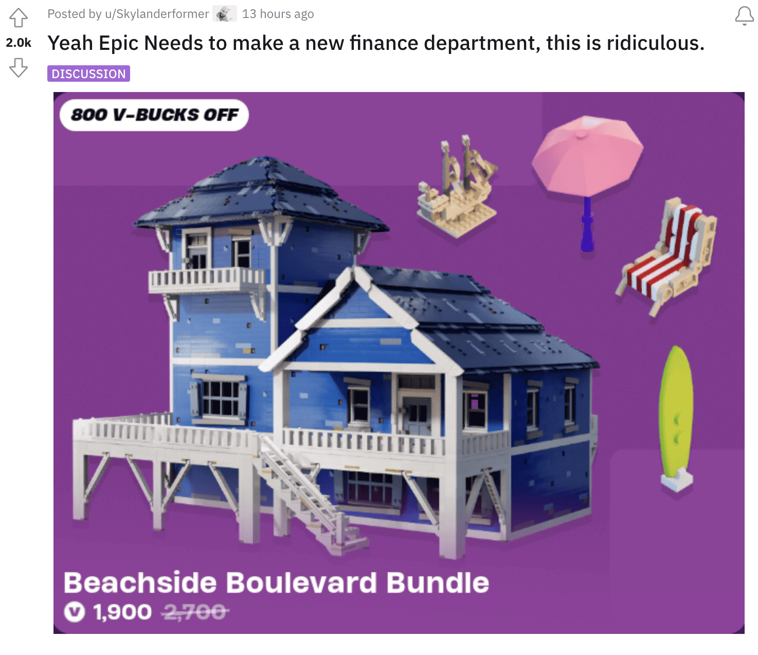 Fortnite players can't believe the Item Shop is selling this virtual beachside house with a discount of 800 v-bucks, suggesting a sale on in-game items.