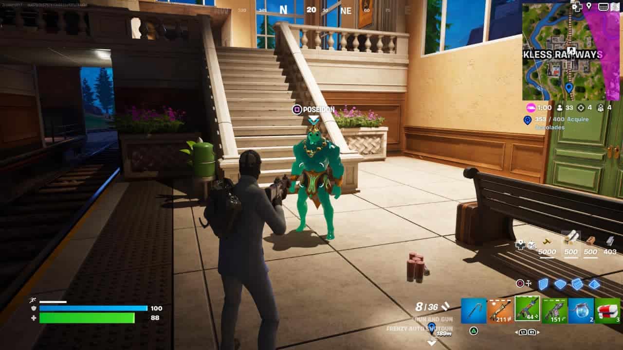 A player in Fortnite Chapter 5 Season 2 aiming a weapon at a vendor NPC wearing a green outfit inside a virtual building.