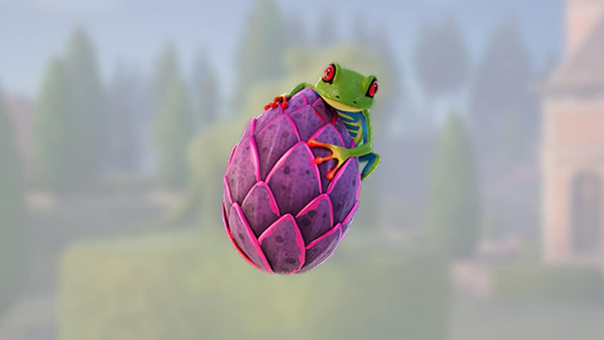 A colorful cartoon frog sitting on a pink pinecone, with a blurred forest and house backdrop, offering a free Fortnite item.