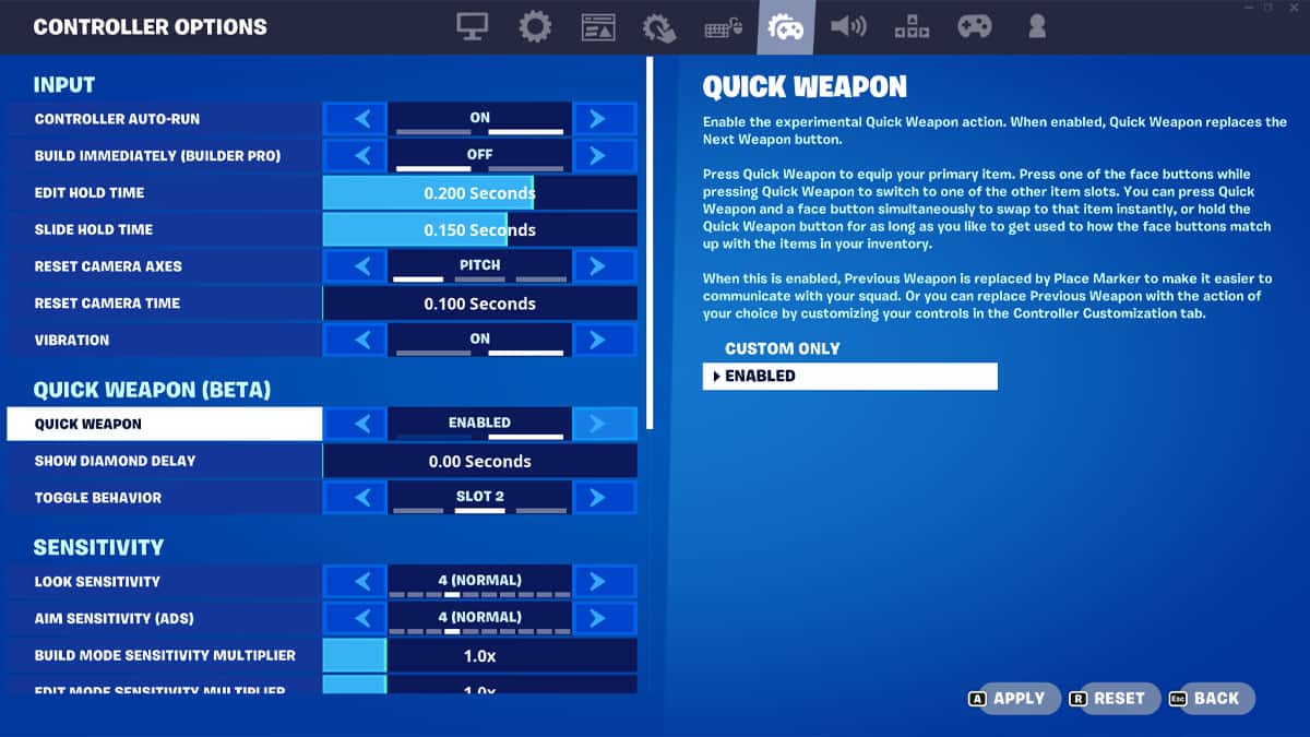 A screenshot of the controls in Fortnite Battle Royale with a controller.