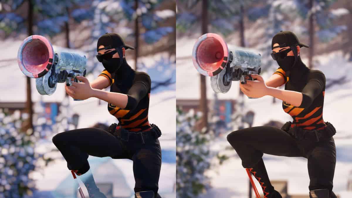 Two images of a person holding a gun in Fortnite on PS4.