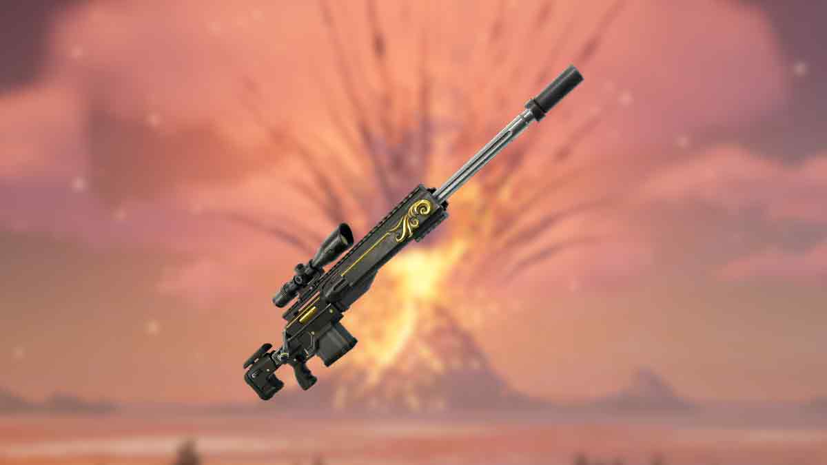 A detailed Fortnite sniper rifle in mid-air with an ornate design, set against a dramatic background featuring an explosion and a dusky sky.