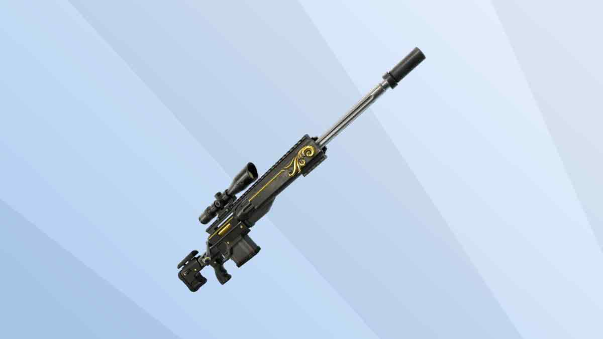 A high-precision sniper rifle with ornate gold detailing, floating against a soft blue gradient background in Fortnite