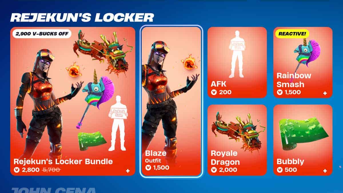Promotional image for "rejekun's locker" in Fortnite discounts, showing discounted items: blaze outfit, royale dragon glider, afk spray, and rainbow smash pickaxe, with