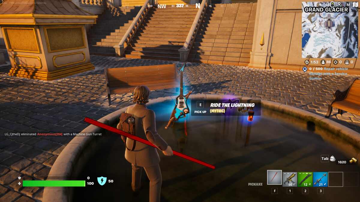 Fortnite Ride the Lightning: A player standing next to a Ride the Lightning item behind Grand Glacier.