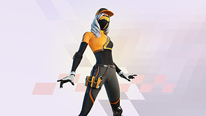 A woman in an orange and black outfit, resembling the Runway Racer skin from Fortnite, is standing on a white background.