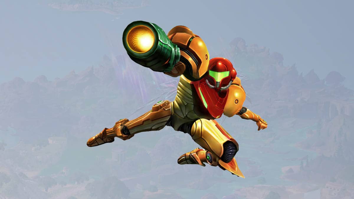 A character in a Fortnite-themed orange and green spacesuit with a large arm cannon flies through a misty alien landscape.