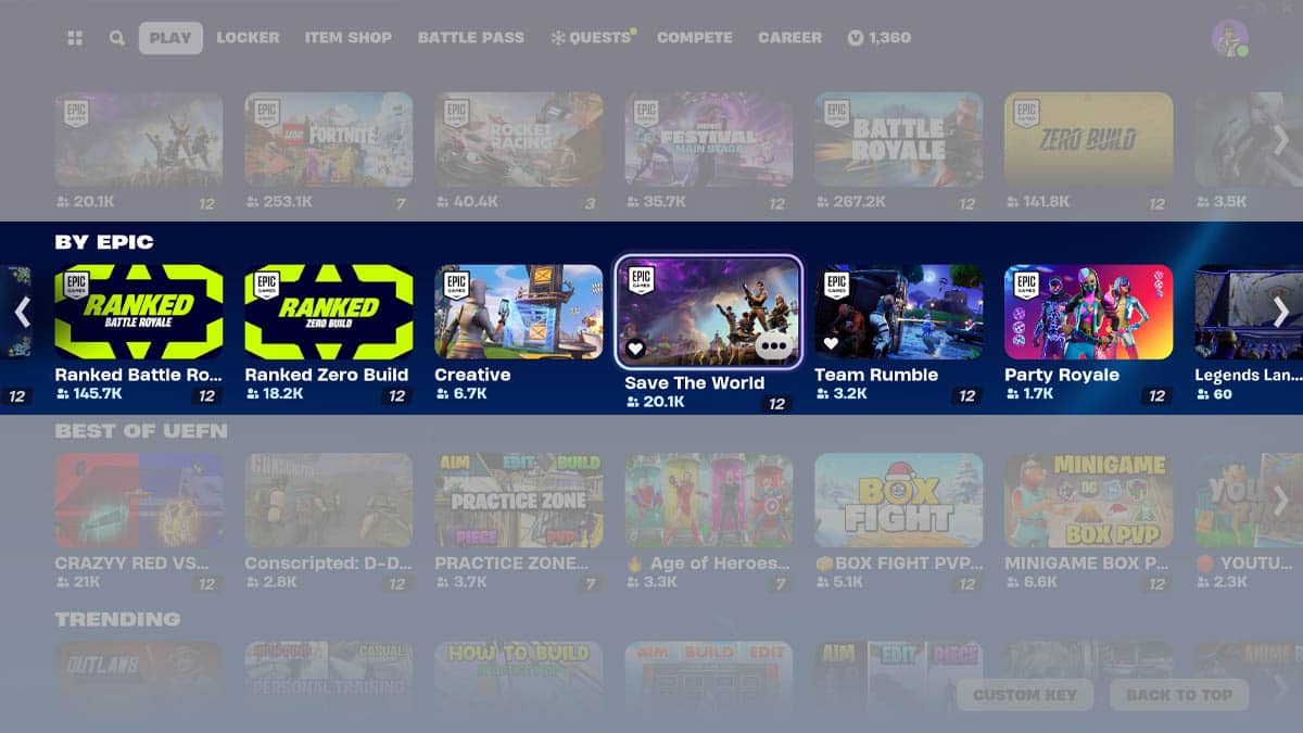 How to play Save the World in Fortnite: The game selection screen in Fortnite showing Save the World in the 'By Epic' section.