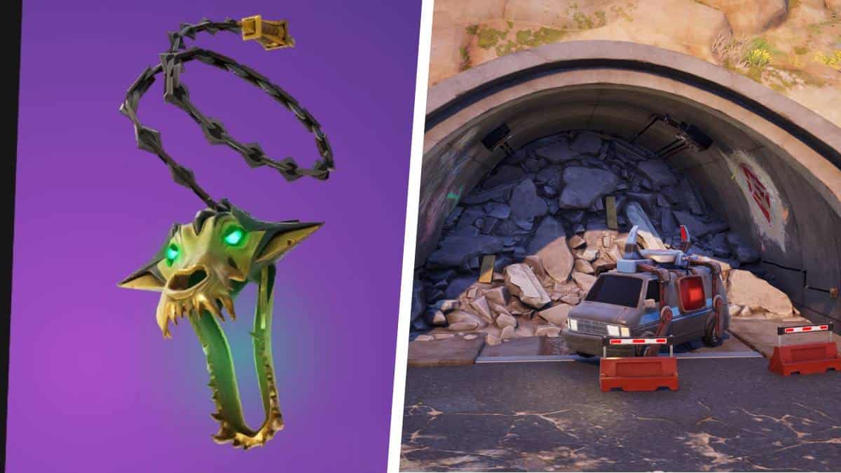 A chain-linked lantern on the left; an obstructed tunnel entrance with a stopped vehicle and barricades related to the Fortnite season on the right.
