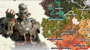 A character in futuristic armor stands next to a detailed Fortnite Chapter 5 map labeled with various locations, including Grim Gate, Restored Reels, Pleasant Piazza, and Sandy Steppes.