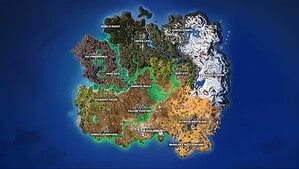 A digital map of a fictional island for Fortnite Season 3, divided into various regions with distinct geographical features and labeled cities.