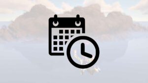 A calendar icon with a clock symbol set against a backdrop of clouds and a faint outline of a person, reminiscent of Fortnite Season 3's adventurous spirit.