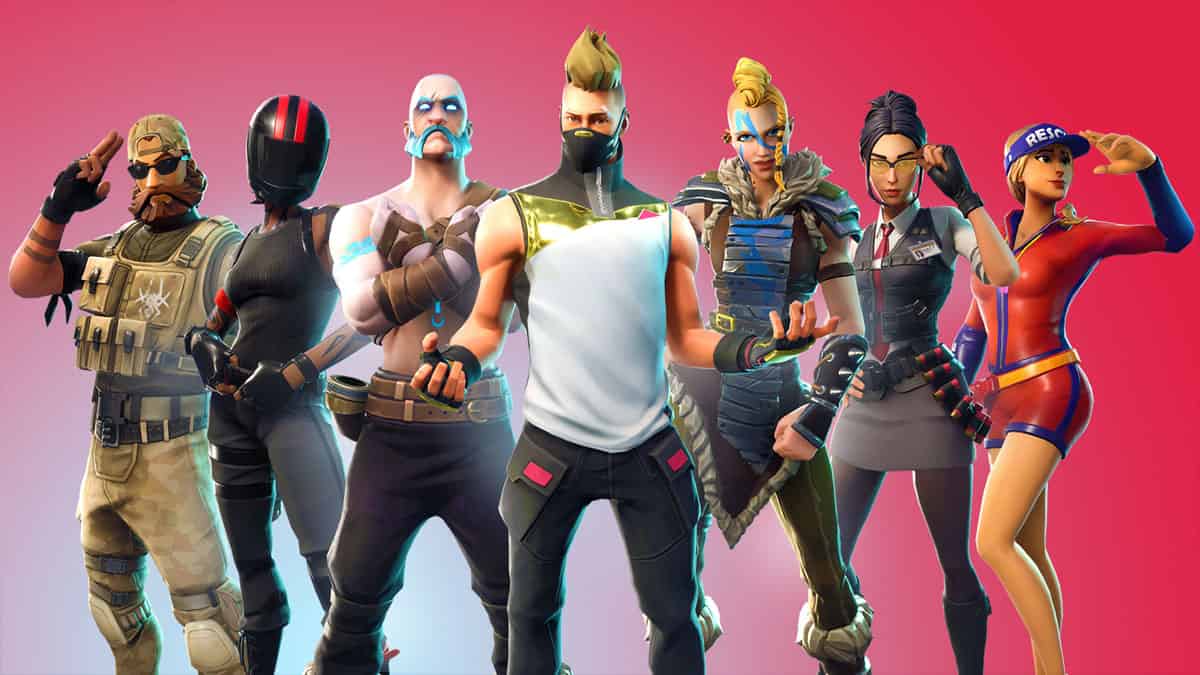 A group of old fortnite characters standing in front of a red background.