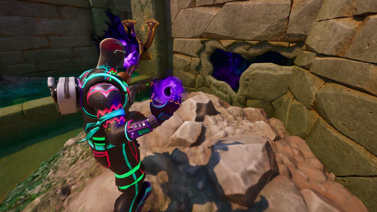 Fortnite character using the Void Oni Mask at a vault at Flooded Frogs