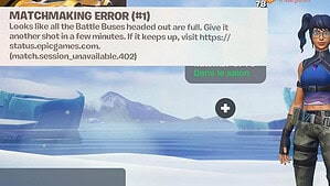 Screenshot of a video game error message stating "matchmaking error (#1)" with a female character wearing goggles and a tactical outfit, standing in a virtual icy landscape, prompting players to question when will Fortnite