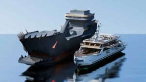 A large ship with a dragon-shaped bow is docked next to a smaller, white luxury yacht on calm water, reminiscent of a Fortnite Season 3 nautical adventure.