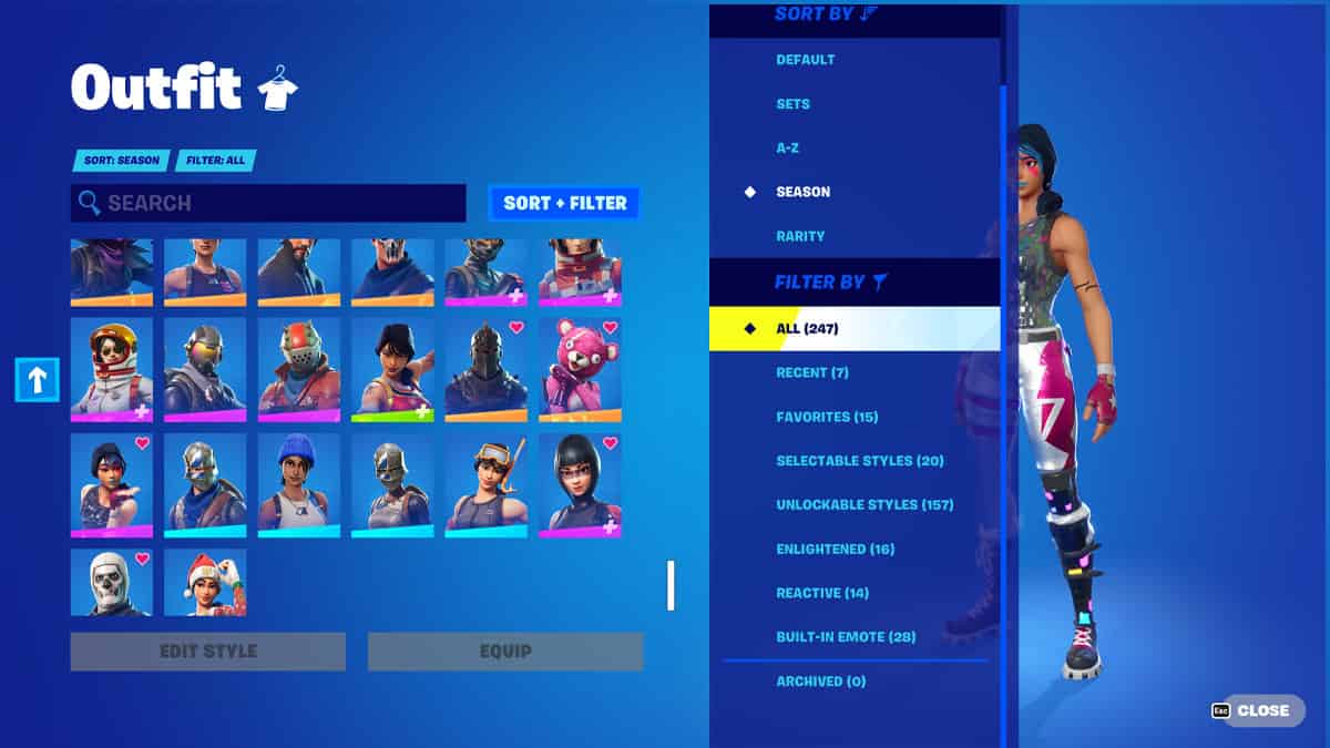 A screenshot of the Fortnite outfit screen displaying numerous skins.