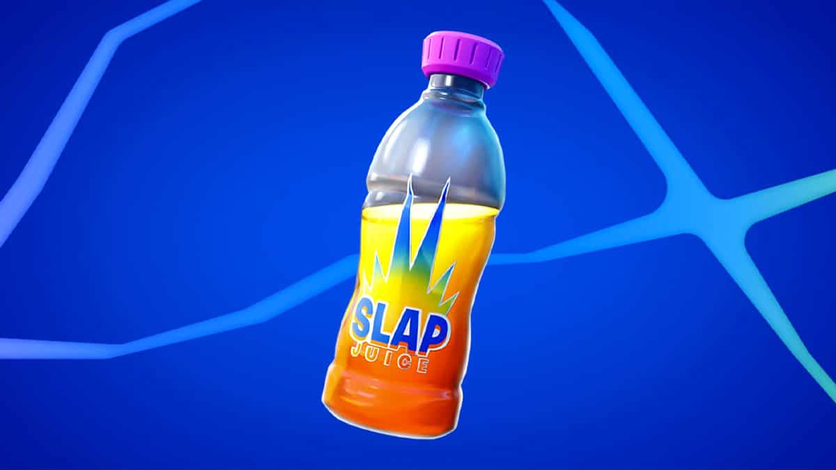 A bottle of slap juice on a blue background made popular by a Fortnite update.