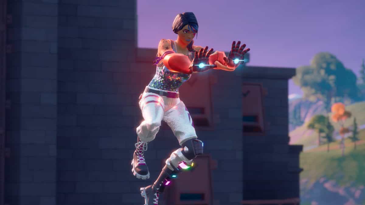A character from a Fortnite game is depicted mid-action, with hands outstretched and light effects suggesting the use of powers.