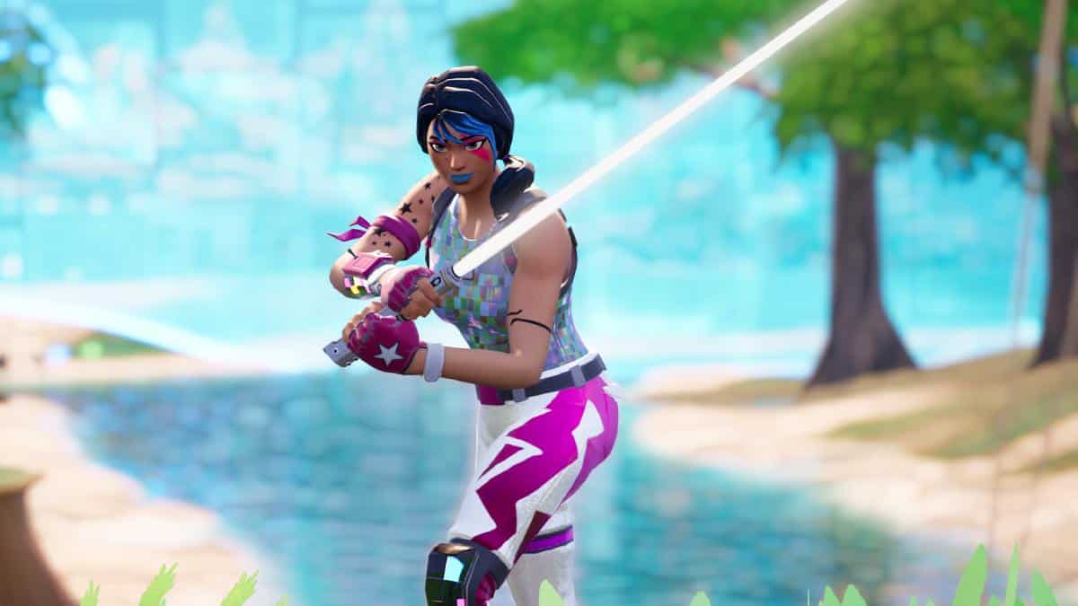 A woman wielding a sword in Fortnite, battling to make money in the virtual world.