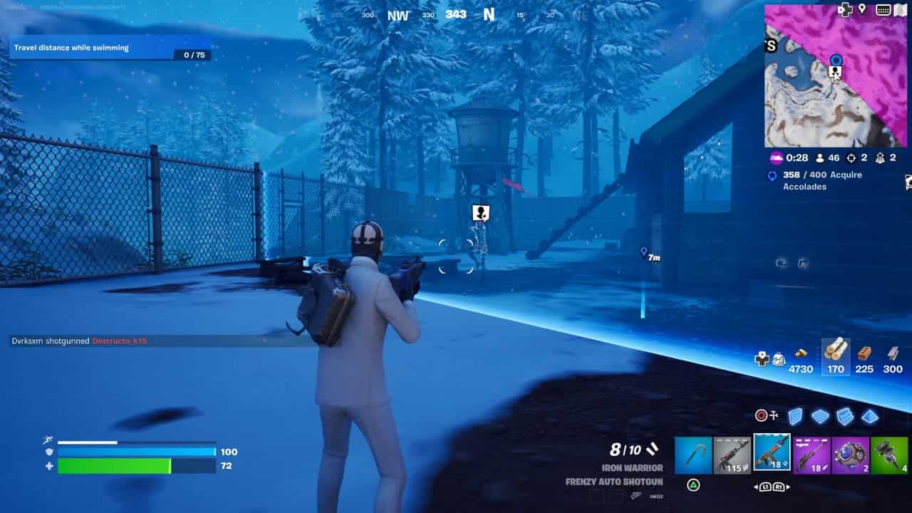Player equipped with weapons navigating a snowy virtual landscape, exploring Vendor NPC locations in Fortnite Chapter 5 Season 2.