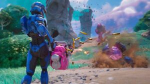 UNSC Spartan using the Minigun to kill bugs in Fortnite