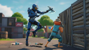 UNSC Spartan hitting Fishstick with a pickaxe in Fortnite