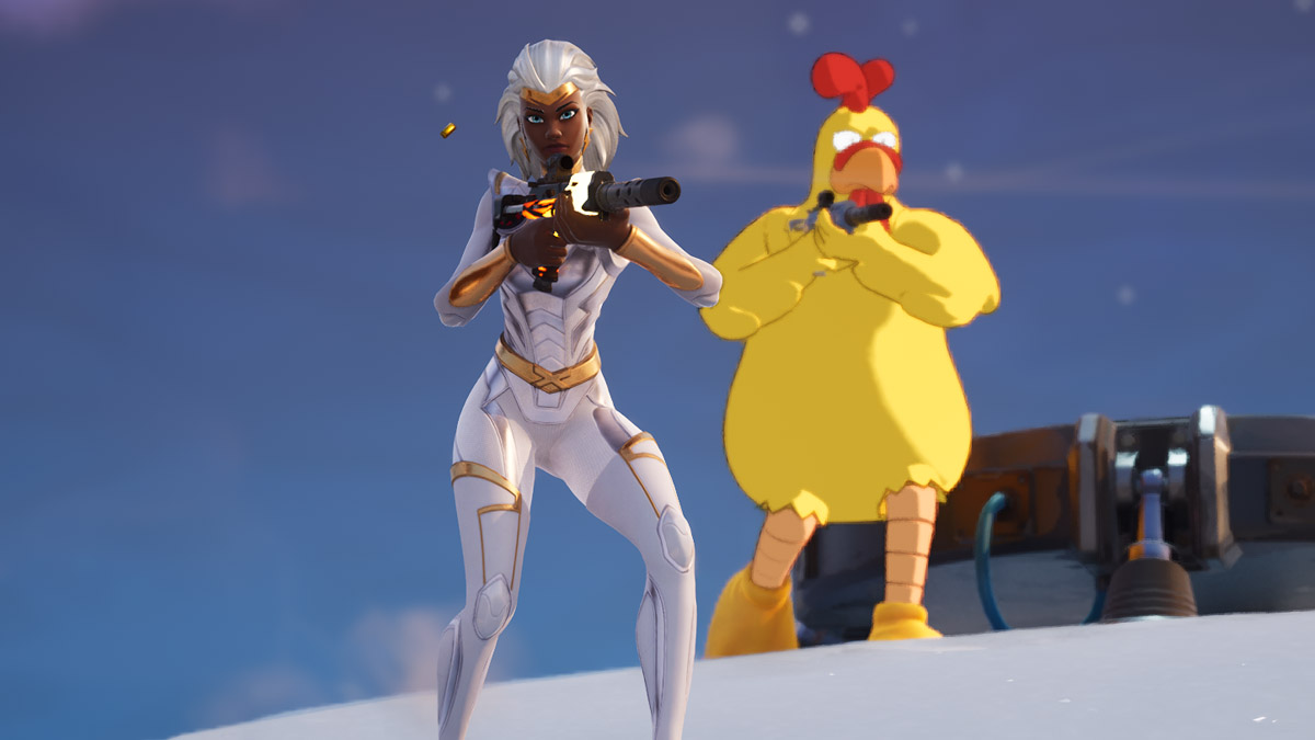 Storm and Chicken skin shooting in Fortnite Delulu mode