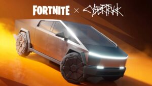 Fortnite Summer Road Trips quests: The Cybertruck in Fortnite with the Fortnite and Cybertruck logos above it.